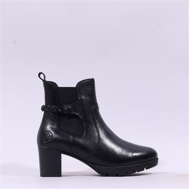 Rieker High Block Heel Plait Strap Boot - Black Leather